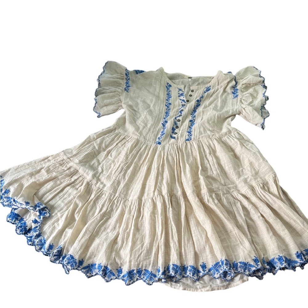 Free People Santiago Embroidered Boho Mini Dress Ivory and Blue Size Small
